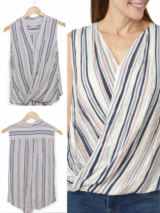 LIZ CLAIBORNE Wrap Blouse Sleeveless Striped White Blue Blush Crossover Medium - Picture 1 of 11